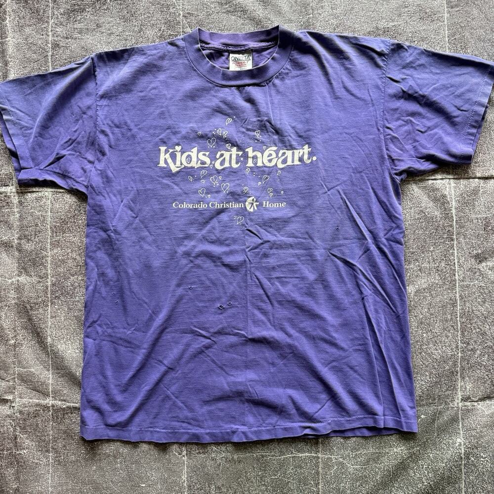 Men's Vintage 90s Kids at Heart Colorado Christian Home Purple T Shirt Tee Sz XL